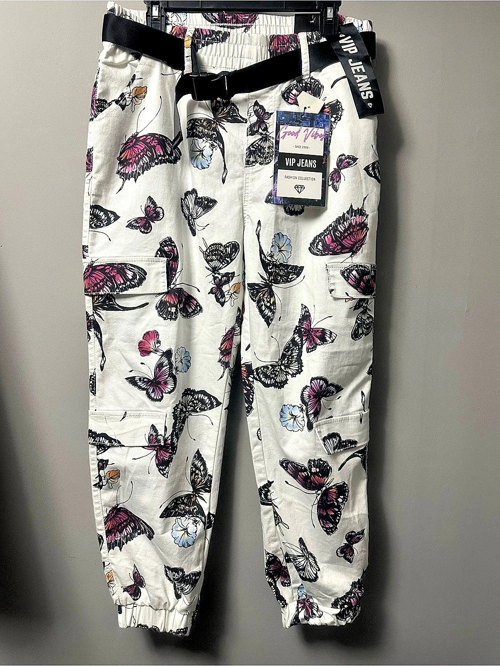 VIP Jeans Butterfly Print Cargo Jogger Pants with Belt White & Pink 15/16